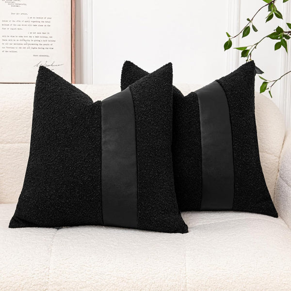 Pack of 2 Black Boucle Decorative Pillow Cover with Faux Leather Modern