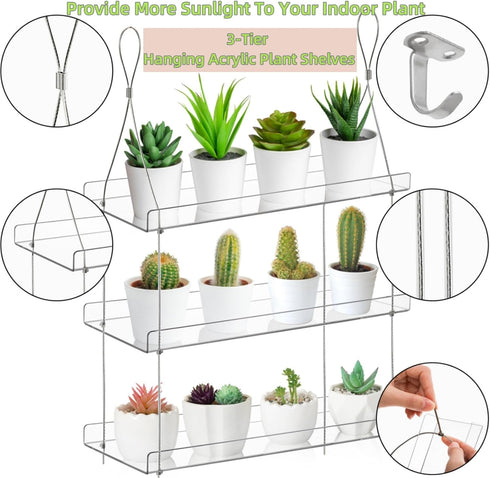 3-Tier Tlence Hanging Clear Plant Shelves, Acrylic Window Flower Display Shelf, Height Adjustable Indoor Wall Plant