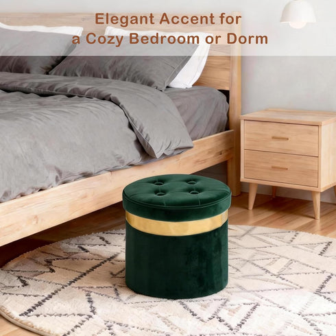 Room13x13x12.4(Green,1pcs) xuperbonus Small Ottoman with Storage,Folding Round Ottoman with Gold Trim,Velvet Storage