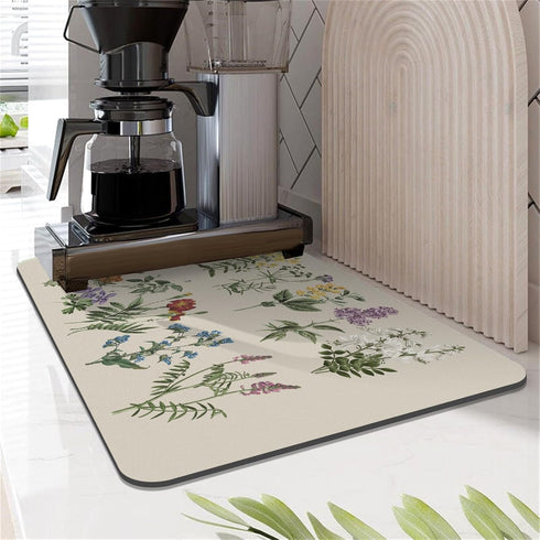 LOKHOM Dish Drying Mat for Kitchen Counter, 12"x20" Absorbent Coffee Bar Mat with Vintage Sage Flower Herbs, Dish Drainer Rack Mats for Kitchen Counter Coffee Maker Coffee Pot Dining Room Decoration