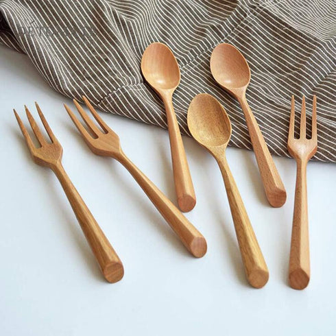 Kyien 6Pcs Wood Soup Spoons and Forks Set - Eco-Friendly Wooden Flatware with 3 Spoons and 3 Forks for Natural Eating