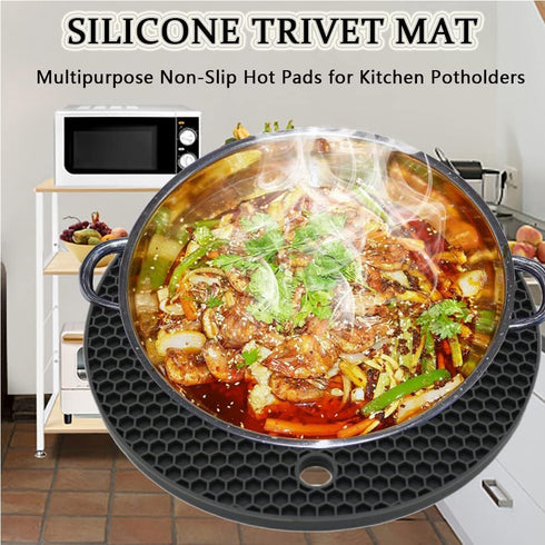 Silicone Pot Mat Trivet, Heat Resistant Counter Mats for Tables, 4 Pack Black (2 Squared + 2 Round)