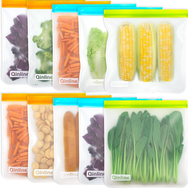 Reusable 10 Pack Gallon Food Storage Bags, BPA Free, Extra Thick Leakproof Silicone & Plastic Free for Travel