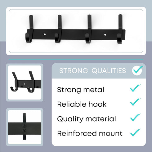 Matte Black Coat Rack Wall Mount, 12 Inch Stainless Steel Hook Rail with 4 Double Hooks for Entryway Organizer