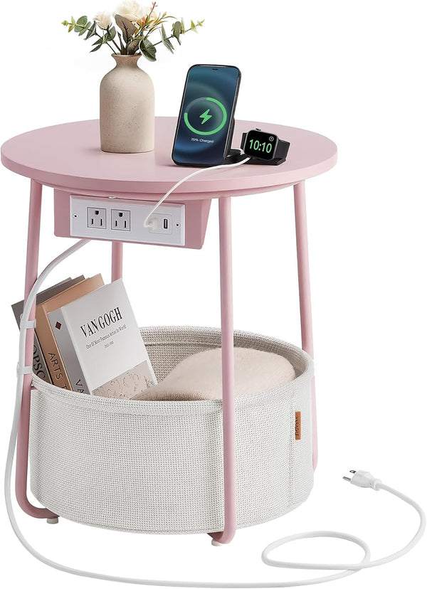 VASAGLE LILEA Collection - Side Table with Charging Station, Round End Table