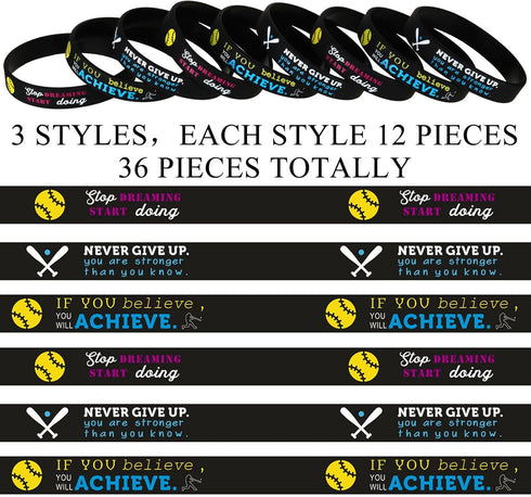 Sumind 36 Pcs Softball Motivational Bracelets, Inspirational Stretch Silicone Rubber Wristbands for Sport Parties