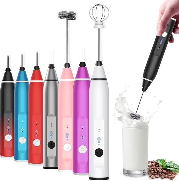 Milk Frother Handheld Electric Whisk, Rechargeable Mixer with 2 Stainless Whisks, 3 Speed Foam Maker (Black)