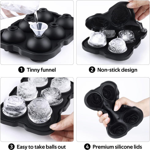 Mikiwon Ice Cube Tray, 2 inch Rose Ice Cube Trays with Covers, 6 Cavity Silicone Rose Ice Ball Maker for Cocktails
