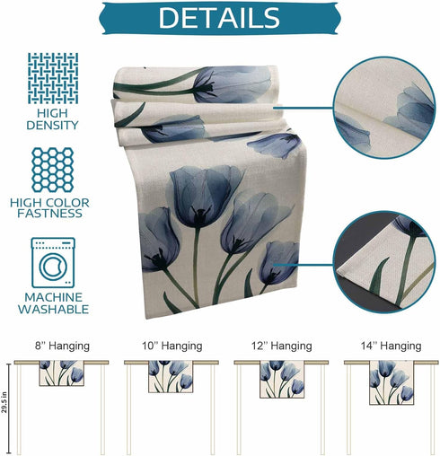 PIEPLE 72 Inch Countryside 13''x72'' Tulip Blue Table Runner Cotton Linen Holiday Dresser Scarves, Spring Floral Garden