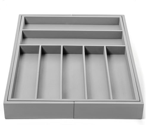Purawood Large Bamboo Silverware Organizer - Expandable Kitchen Drawer & Utensil Tray with Drawer Dividers (Grey)