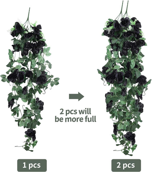RECUTMS 4 Pieces Artificial Hanging Rose Flower 3.3Ft with 30 LED Fairy String Lights for Indoor Outdoor Wedding (Black)
