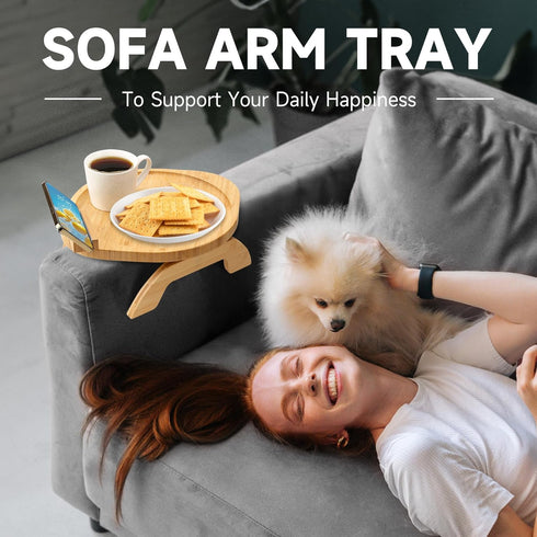 360 Couch Arm Tray Table, Bamboo Clip-on Couch Arm Tray with Phone Holder, Foldable Sofa Armrest Table for Eating