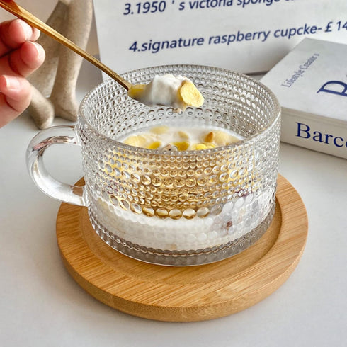 Set 4 14 Oz Set ZOOFOX of Glass Coffee Mugs, Clear Glass Cups with Golden Spoons, Vintage Embossed Coffee Cups