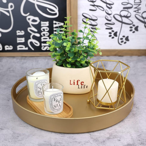 13 Round Gold Decorative Serving Tray with Handles, Versatile Ottoman Tray for Coffee Table, Entertaining, Outdoor