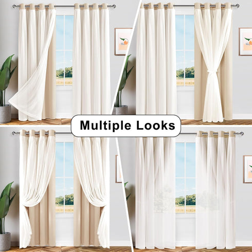 2 52W 84L Hiasan Blackout Curtains with Sheer Overlay, Thermal Insulated Mix & Match Double Layer Room Darkening