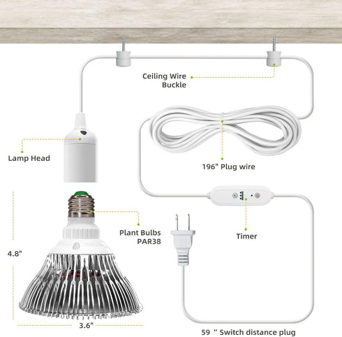 Bulbs, 25W 5000K, LED Grow Light Hanging Grow Lights for Indoor Plants, Height Adjustable Plant Light with Timer, Full
