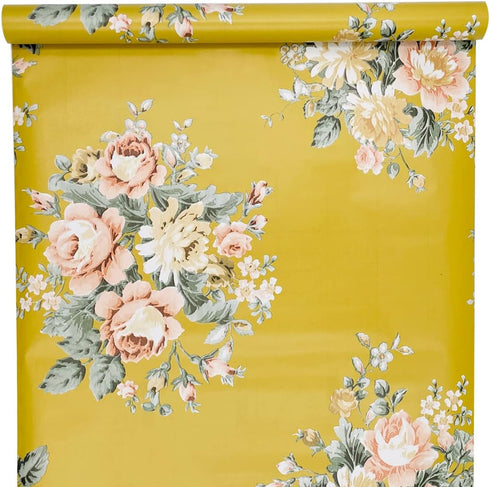 Yifely Vintage Peony Floral Shelving Paper Dark Yellow Peel & Stick Shelf Liner, 17.7 Inch by 9.8 Feet