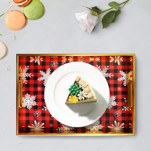 Christmas Gold Serving Tray with Handles, Plastic Decorative Tray, Rectangular Coffee Table Tray for Ottoman, Storage