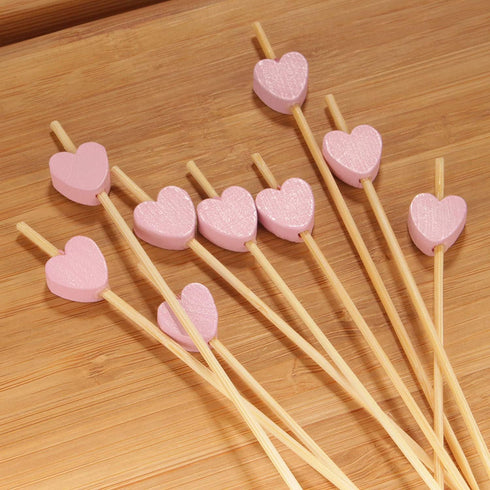 BambooMN 7.1 Inch Pink Heart Bamboo Food and Drink Pick Skewers – 100 Pieces for Catered Events