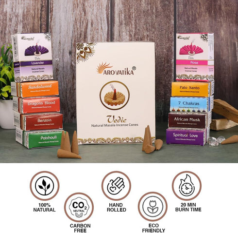 ARO VATIKA Vedic Natural Masala 120 Incense Cones, 12 Assorted Fragrances Dhoop Cones, Best for Prayer and Meditation