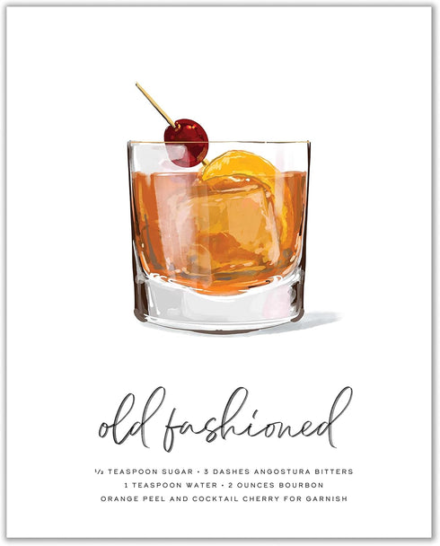 Old Fashioned Cocktail Wall Art: Illustrated Alcohol Posters with Cocktail Recipes