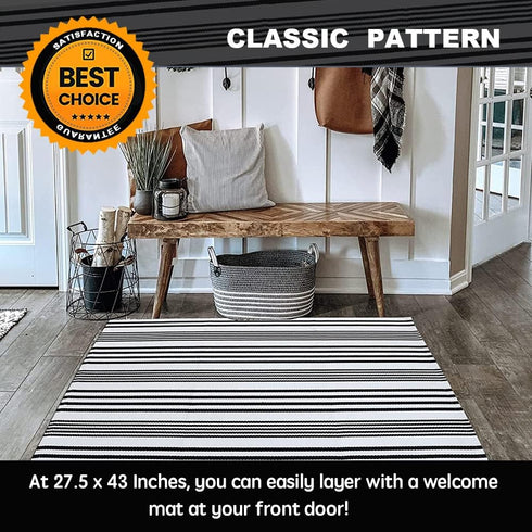 Black and White Striped Outdoor Rug, 27.5"x43", Hand Woven Cotton Washable Doormat
