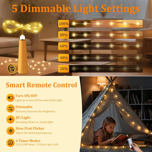 6 Pack 20 6.6 PChero USB Rechargeable Wine Bottle Lights with Cork & Remote Timer, LED ft Fairy String Lights for DIY