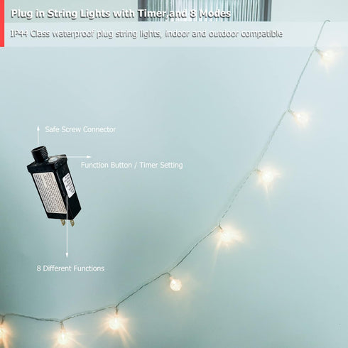 myCozyLite 20 LED String Lights Plug in, Globe String Lights Indoor and Outdoor, for Balcony, Patio, Bedroom, Wall