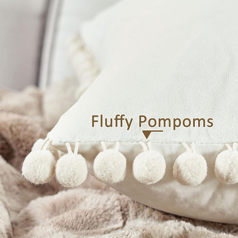 Top Finel Decorative Throw Pillow Covers 18x18, Set of 2, Cream White Velvet Cushion Covers with Pom Poms