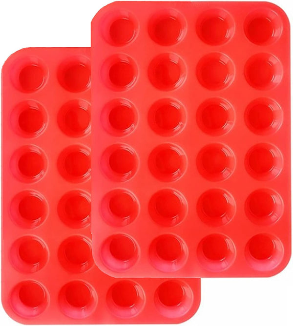 Mini Muffin & Cupcake Set, 24 Cups Nonstick Silicone Baking Pan, BPA Free, Dishwasher Safe, 2 Pieces (Red)