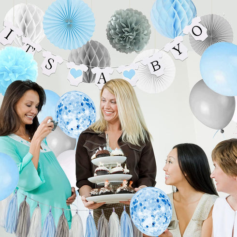 It’s A Boy Baby Shower Decorations with Banner, Paper Fan, Tissue Pompoms, Balloons, Blue and Grey