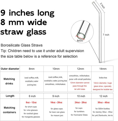 Borosilicate Glass Straws for 16 oz Tumbler, 9 inch 8mm BPA Free, Reusable Clear Bent Skinny Drinking Straws