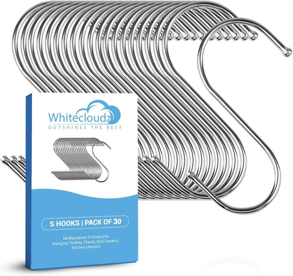 WHITECLOUDZ 30-Pack Silver S Hooks, Stainless Steel Hooks for Hanging Plants, Heavy-Duty Closet Hooks for Utensils &