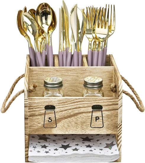 Ikee Design 2 Piece Wooden Utensil Caddy Set - Includes Free Salt Pepper Shaker, Oak Color Silverware Holder for Kitchen