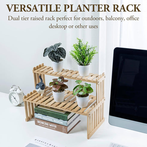 2 2 MyGift Natural Bamboo Indoor Plant Stand for Desk, Tier Desktop Shelf Organizer Rack with Slatted Shelves