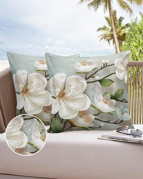 Waterproof Pillow Covers Set of 2 for Couch, Farmhouse White Magnolia Flower Decorative Cushion Cases 18x18In, Indoor
