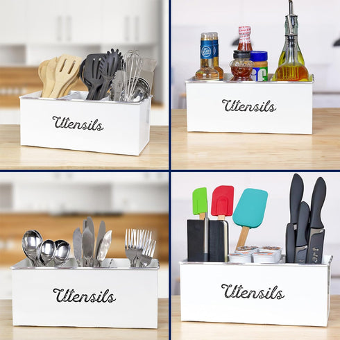 AuldHome Large White Enamelware Utensil Holder, Farmhouse Cooking Caddy for Spoons, Forks, Knives Storage on Countertop