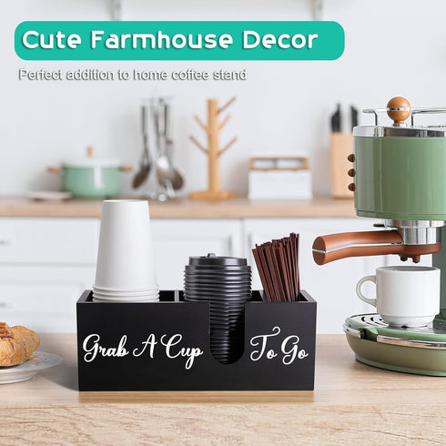 ALELION Coffee Cup Holder for Countertop, Wood Coffee Bar Accessories and Organizer for Cup Lid Stirrers
