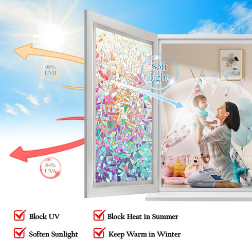 Rainbow Window Privacy Film, Decorative Stained Glass Window Tint for Home, 3D Window Clings, Static Cling Sticker