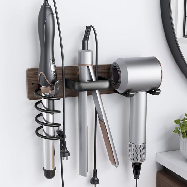 Tindbea 3 in 1 Hair Dryer Holder, Curling Iron Holder, Wall Mount Blow Dryer Organizer Rack for Universal Dryer (Walnut