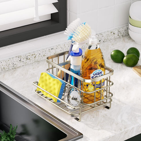 SUS304 Countertop- HapiRm Kitchen Sink Caddy Organizer - Versatile Sponge Holder with Drain Tray, Stainless Steel