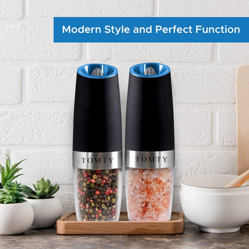 Gravity Electric Salt and Pepper Grinder Set, Battery Operated Shakers, Ideal Gifts for Cooking and Grilling