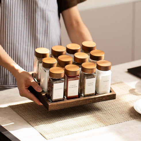 24Pcs Labels-4oz 2pcs Yangbaga Glass Spice Jars with Acacia Wood Lid Square Spice Containers and Rack with Pepper