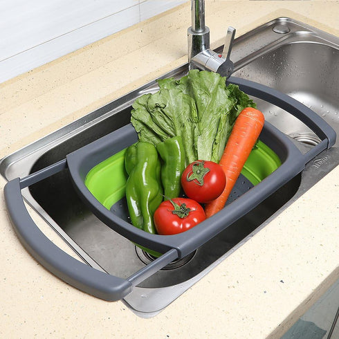 Qimh Collapsible Colander Strainer - Over The Sink Vegetable Fruit Strainer Basket (6 Quart) with Extendable Handles