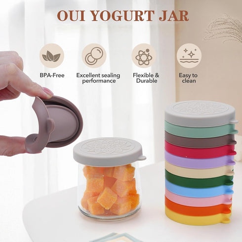 24 Pack 5 oz KIKINIKO Oui Yogurt Jar Lids - Oui Silicone Lids for Oui Yogurt Glass Jars,with Oui Yogurt Bottle Label