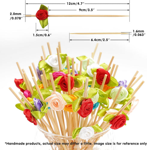 Minisland Multicolor Rose Flower Cocktail Picks, 4.7 Inch Long Bamboo Toothpicks for Appetizers, 100 Counts - MSL129