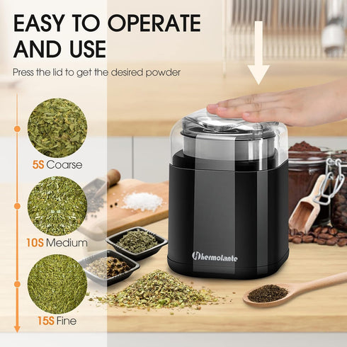 Herb Grinder Spice Grinder, 200 w Herb Grinder with Stainless Steel Blade and Cleaning Brush, Compact Size Electric Grinder for Herbs and Spices -5.11in (Black) by Hermolante