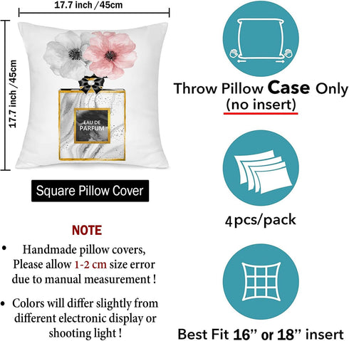 Set of 4 Pink Throw Pillow Covers 18x18 – Cute Decorative Pillow Covers with Pink Flower, Gold Perfume, Lipstick, Soft