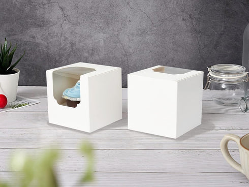Individual White Cupcake Boxes with Window and Inserts, 15 Count Pre-Assembled Auto-Popup for Wedding Baby Shower