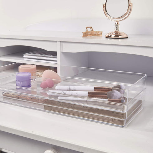 STORi SimpleSort 2-Piece Stackable Clear Drawer Organizer Set, 15" x 6" x 2" Rectangle Trays for Makeup and Office